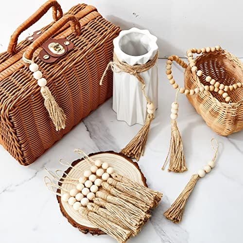 40 комплети јута -ресни со 3 дрвени мониста природно јута јаже ресили со брадавици за занаети за занаетчиски куќи Декоративни тимови