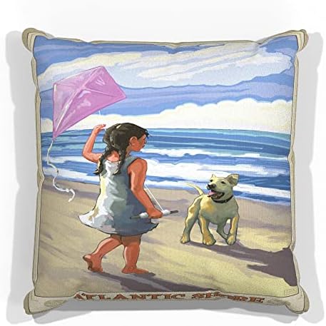 Атлантик Шор Девојче куче плажа faux велур тросед фрлаат перница од Ала Прима Сликарство од уметникот anоан Колман 18 x 18.