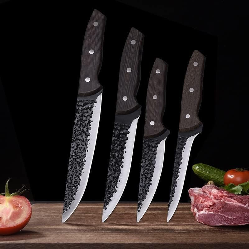 Гумија кујнски нож комплети, 4 парчиња фалсификувани нож за боење од не'рѓосувачки челик месар нож месо за месо од риба филе нож професионален