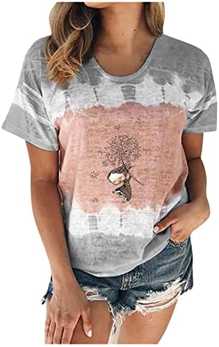 Маичка за блуза за девојки лето есен мека удобна облека со кратки ракави памучни екипаж вратот графичка секси врзана боја маичка 4б