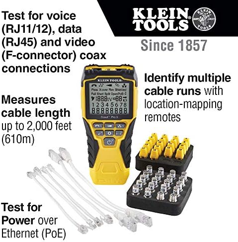 Klein Tools VDV501-852 Cable Tester со далечински, VDV Scout Pro 3 Тест комплет Лоци и тестира гласови, податоци и видео кабли и VDV427-300