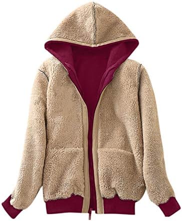 Muените Muyise Women Faux Fur Sherpa Fleece јакна есен зимски патент, дебел долг ракав, плус големина качулки со џебови со џебови