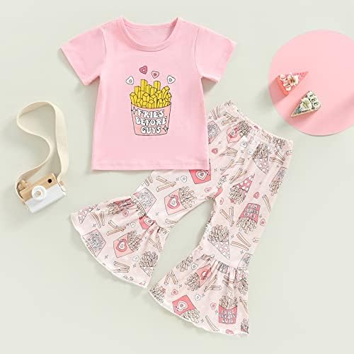 Детето бебе девојче летно облека, bellвонче за дното на дното облека, шема за кратки ракави маички маички, цветни разгорени панталони