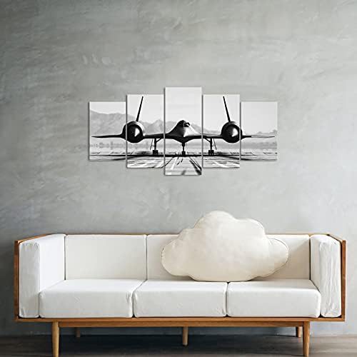 Artkissmore црно -бел авион wallиден декор 5 парчиња гроздобер воен авион што седи на пистата платно отпечатоци wallидна уметност испружена
