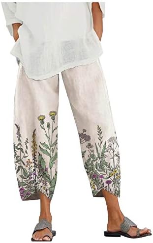 2023 памучни постелнини панталони, плажа обични широки нозе лабава јога каприс цветни печатени исечени дневни панталони за жени
