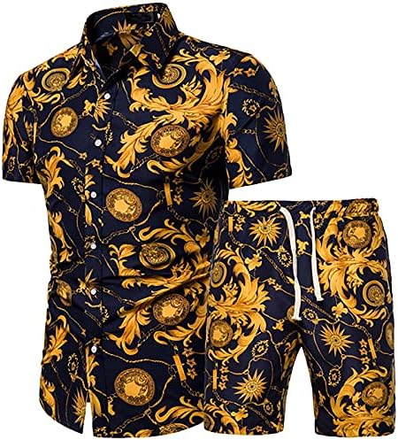Xiloccer Men's 2 Piece Tracksuit 2021 Обично копче надолу со кратки ракави Хавајски кошула и шорцеви од џогирање џогирање од потта