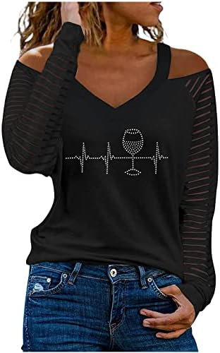 Женски vneck без бек -бек -капки за заптивки од маички блузи маица мрежа со долг ракав ладно рамо стакло музичка маичка QR