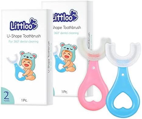 Littloo Baby U облик силиконски заби четка за заби меки и еластични влакна комплетно чистење на стоматолози од 360 степени дизајнирано за мали