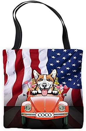 Персонализирано американско знаме платно торба tote peeking Dog Pembroke Welsh Corgi во црвен ретро автомобил со чанти од цвеќиња