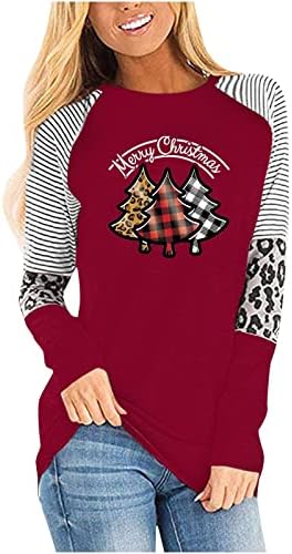 Женски Врвови Со Пуловер Со Долги Ракави Леопард Печатење Божиќни Маици Обични Лабави Блок Во Боја Раглан Блуза
