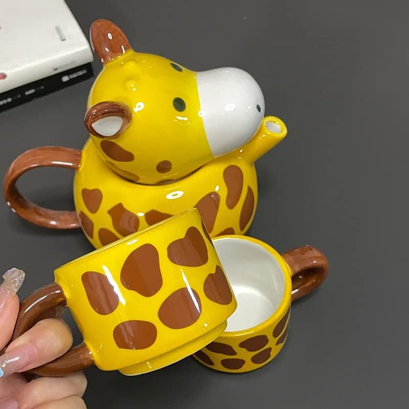 Керамички чај од Rora Giraffe Ceramic со 2 чаши од чај, поставена со рачно насликан порцелански чајник за кафе лате млеко чај
