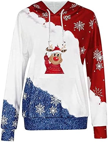 Обични џемпери на Hoksml за жени Божиќна елк Снегулка печатена крпеница со долги ракави пулвер дуксери удобни врвови