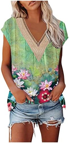 Девојки кратки ракави чипка памук мермер градиент цветна графичка секси крпеница врвна маичка длабоко в вратот маичка за жени
