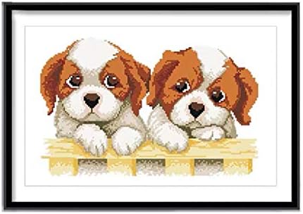 Смешни слатки кучиња кои се потпираат на маса, печат на вкрстено бод комплет за везење игла, 17,7 x 13.0