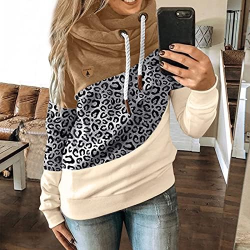 Жени Симпатична Леопард Контраст Сплис Преголеми Дуксери Со Долги ракави Лабави Пуловер Блузи Џебни Секојдневни Дуксери
