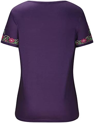 Мексиканска кошула за жени гроздобер етнички стил цветни везени врвови селански блуза лабава вклопена долга ракав против вратот Бохо
