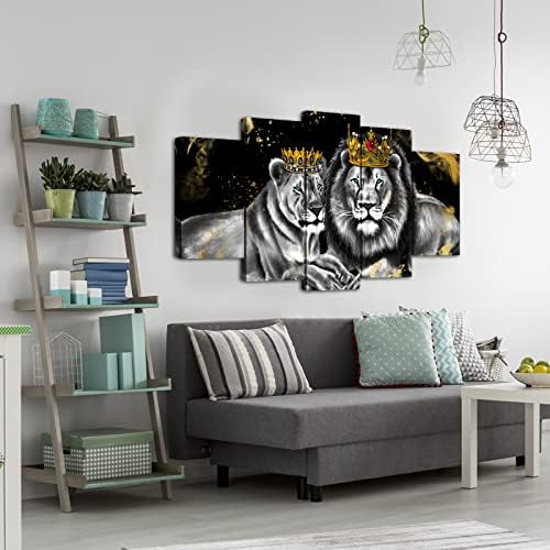 Оулегент 5 парчиња лавов и лавовска слики wallид декор Кинг и кралица со златно круна платно сликарство африкански постер за животни