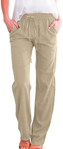 Памучни Ленени Панталони За Жени Летни Секојдневни Панталони Со Џебови Лабава Врвка За Влечење Цврсти Еластични Удобни Панталони За Плажа Со