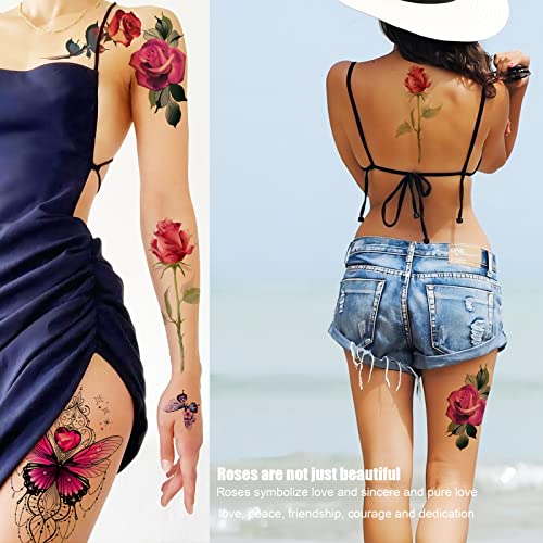 РОАРХАУЛ Зачудувачки цвет од роза привремени тетоважи, големи лажни тетоважи од роза за жени, комплет тетоважи од роза
