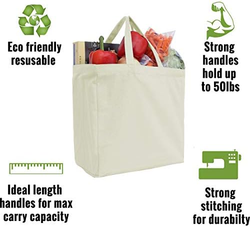 Threadart Еднократно Тешки Памучни Платно Торби За Намирници Пакет од 3 | Со Силни Рачки Држи до 50 фунти | Еколошки | Големи