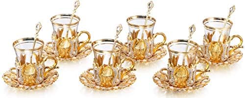 Сет од 6 - рачно изработени лажици чај со чај од чај од чај од чај, поставени со кристали и бисери, злато, 3 унци
