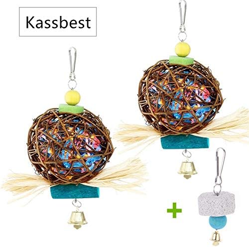 Играчки за џвакање со папагали на птици Kassbest, природен ратан топка за играчки, кафез, фуражни шреддер играчки и клун за
