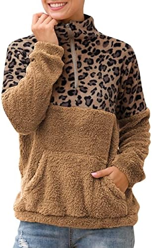 Kuaileya леопард печати џемпер женски зашивање 1/4 патент јака Топ двострано руно топла јакна со џебови