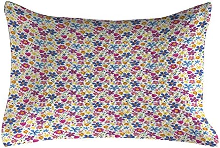 Ambesonne цветни ватирани перници, дизајн на цртани филмови смешна пролетна возбудлива шема со цветни ливчиња градина, стандардна