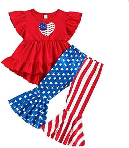 Девојки за спиење на мали деца летаат со ракав Денот на независноста на 4 -ти јули, маица starsвезди со маички, шарени пантолони