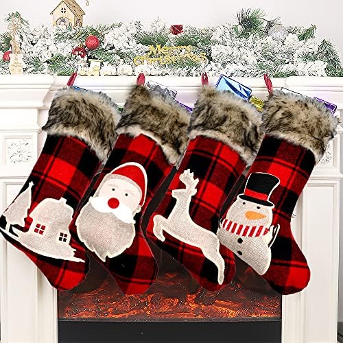 ИМСЗ Божиќни Чорапи 4 Пакувања, 18 инчни Големи Биволи Карирани Божиќни Чорапи, Божиќни Слатки Семејни Чорапи Со Снегулка Санта Снешко Ирваси