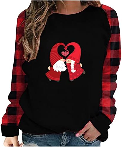 Денот на в Valentубените кошули жени блуза loveубов срце графичка графичка маичка со долги ракави, спојувајќи го биволот кариран