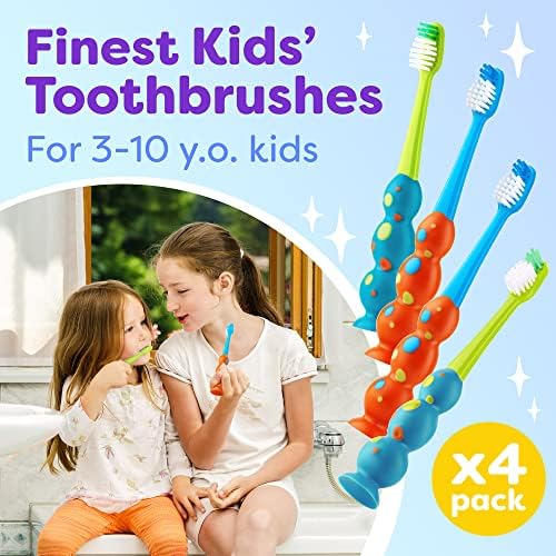 Заби за заби Trueocity Детска четка за заби 4 - меки контурирани влакна - глави со четки со големина на деца - чаша за вшмукување