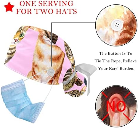 2 парчиња медицинска сестра за чистење капаци жени долга коса, мачка розова прилагодлива работна капа со копче и џемпери