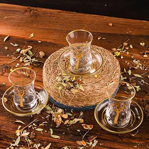 Златен рог Злобно око Турски чај сет со дрво на живот дизајнирани чаши чај и чинии - 6 чај чаша 3,45 floz секоја и 6 специјални позлатени чинии