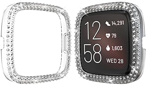 Заштитник на куќиштето компатибилен со капакот на Fitbit Versa 2, Bling Double Row Crystal Diamonds PC Plated Bumper Frame Smartwatch додатоци