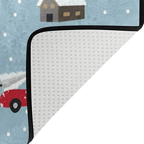 Зимска област Алаза, килим, снежен црвен автомобил со елка и куќички за килим, нелизгаз за живеење за живеење во соба за живеење, декор