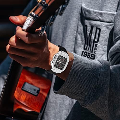 Бандикција Луксузен Дизајнер Солиден Случај Со Бенд Компатибилен за Apple Watch Band 44mm 45mm, Метална Заштитна Обвивка Со Силиконски