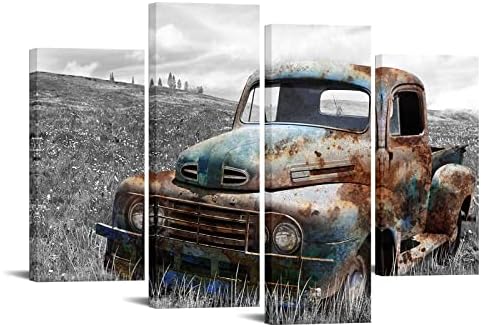 Duobaorom 4 панел 'рѓосан автомобил платно wallид уметност стар камион Слика за животински свет за печатење за селска куќа кујна дневна