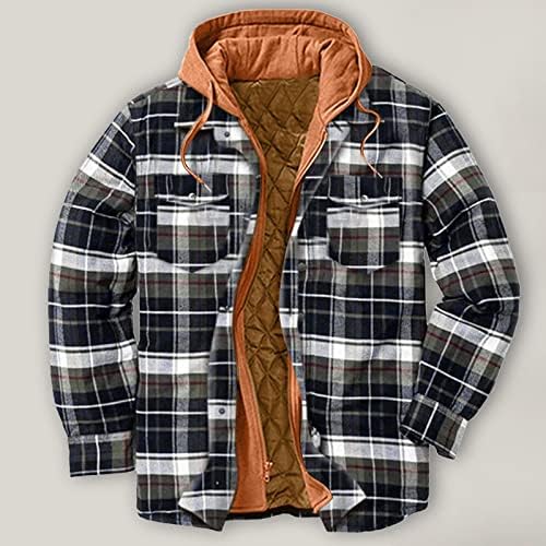 Ubst карирани јакни кошули за мажи плус големина, зимска памучна памучна топла качулка патент патент лабава секојдневна проверена надворешна облека
