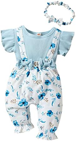 Rosebear бебе девојче облека ромпер џемпери, кратки ракави со кратки ракави, цветни суспендирани панталони, лента за глава лето новороденче облека