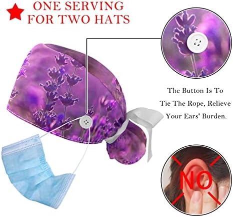 Медицински капачиња за жени со копчиња долга коса, 2 парчиња прилагодливо работно капаче, лаванда цвет цвет виолетова