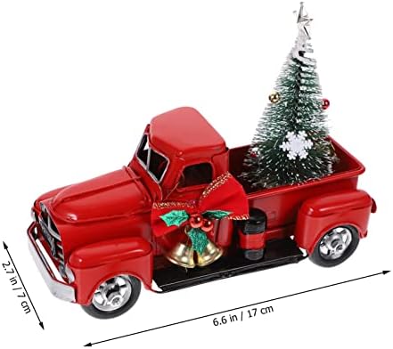 Nuobesty Божиќни украси 2 парчиња гроздобер црвен камион Божиќен декор со мини новогодишна елка, метал рачно изработен модел за пикап