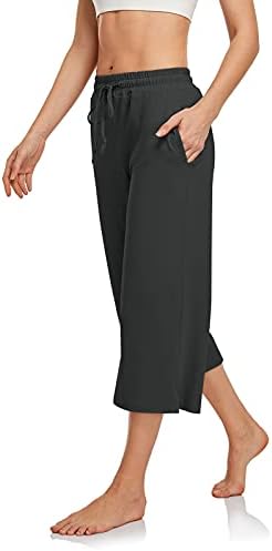 UEU жени Капри Јога панталони Широк нозе влечење лабава удобна дневна пижама каприс џемпери со џебови