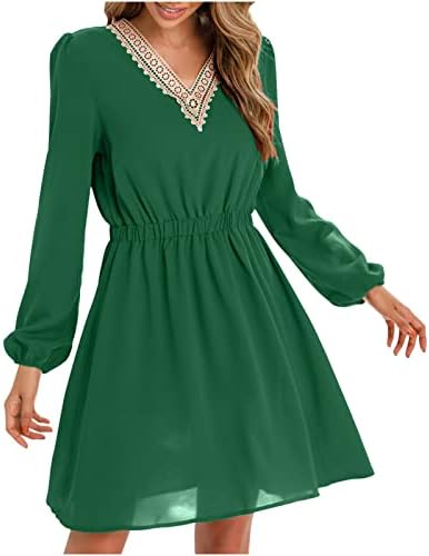 Фустан со долг ракав за жени Елегантен чипка на чипка - фустани за вратот трендовски плетенка занишана облека, обичен коктел фустан