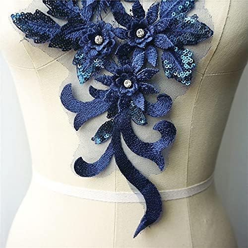 Floyinm морнарица сина чипка ткаенина Sequin 3D цвеќиња Rhinestone tassel свадбена наметка за венчавки, украсени шива лепенка за фустан