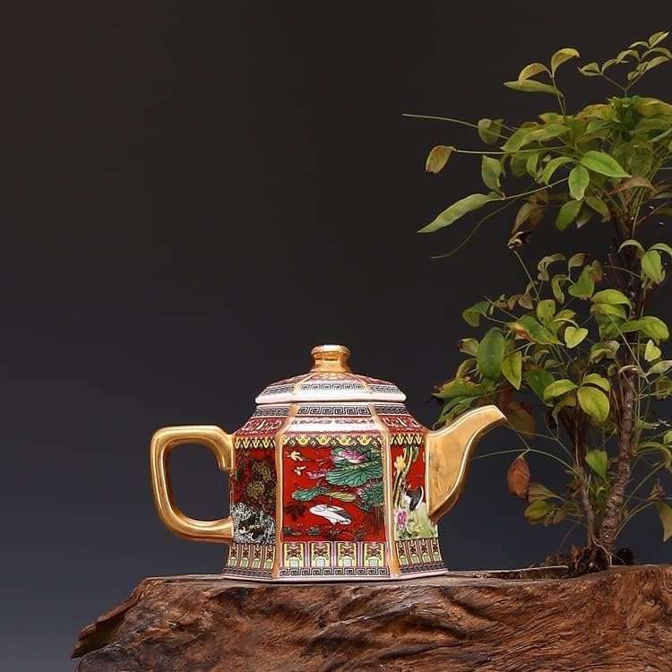 Хукаи емајл златен чајник со рачки шестоаголни чајници со цвеќиња и птици шема антички порцелан