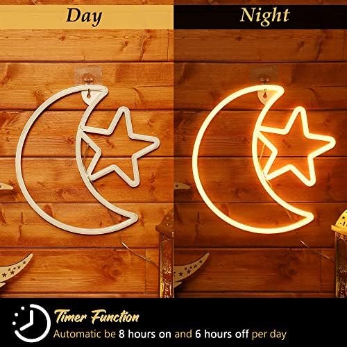 Декоративни неонски светла на Еид Рамазан, светла од 12 инчи Месечината starвездички LED светла батерија и USB -напоен месечен