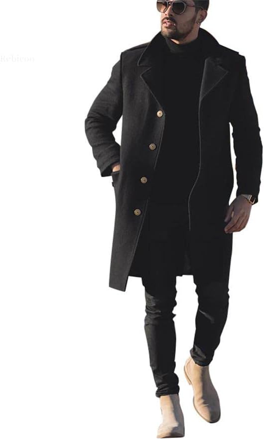 Машка волна од волја зимска згуснета јакна мажи се свртуваат јака случајна единечна гради долга волнена црна палто