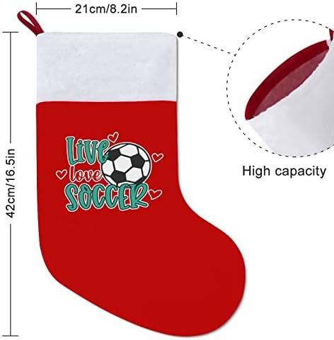 Во живо Loveубов фудбалски божиќни чорапи црвен кадифе со бела торба за бонбони Божиќни украси и додаток на семејна забава