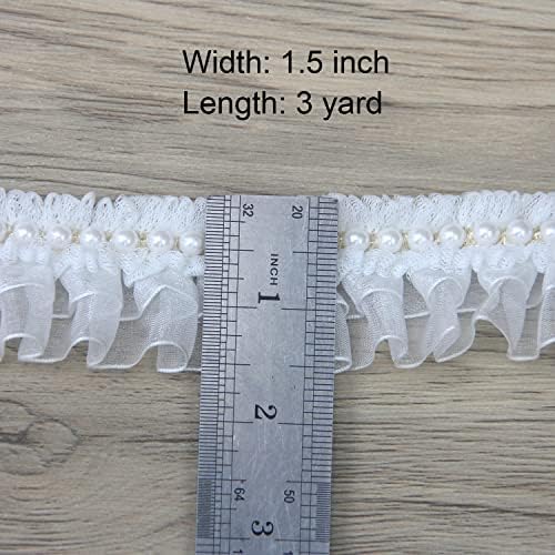 Бела бисерна трим органза чипка лента од лента за шутница, ширина од 1,5 инчи ширина од мрежа, ретро лотос лисја од чипка, плетена